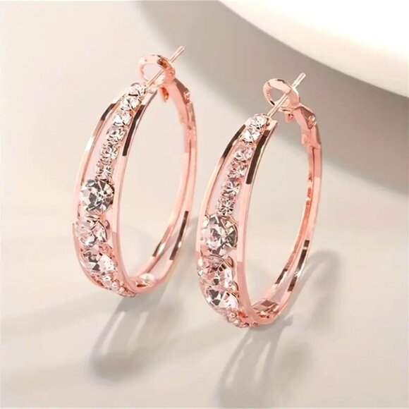 Jewelry - Rose Gold & Rhinestone Hoops NEW